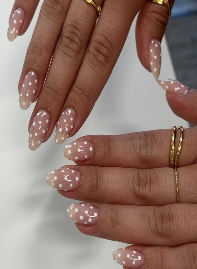 OSTTMA 24Pcs Polka Dot Press on Nails Medium Almond Fake Nail Glossy Nude False Nails Press ons with White Dots Designs Full Cover Glue on Nail for Women Manicure Tips Reusable Artificial Nails Kit - Image 1